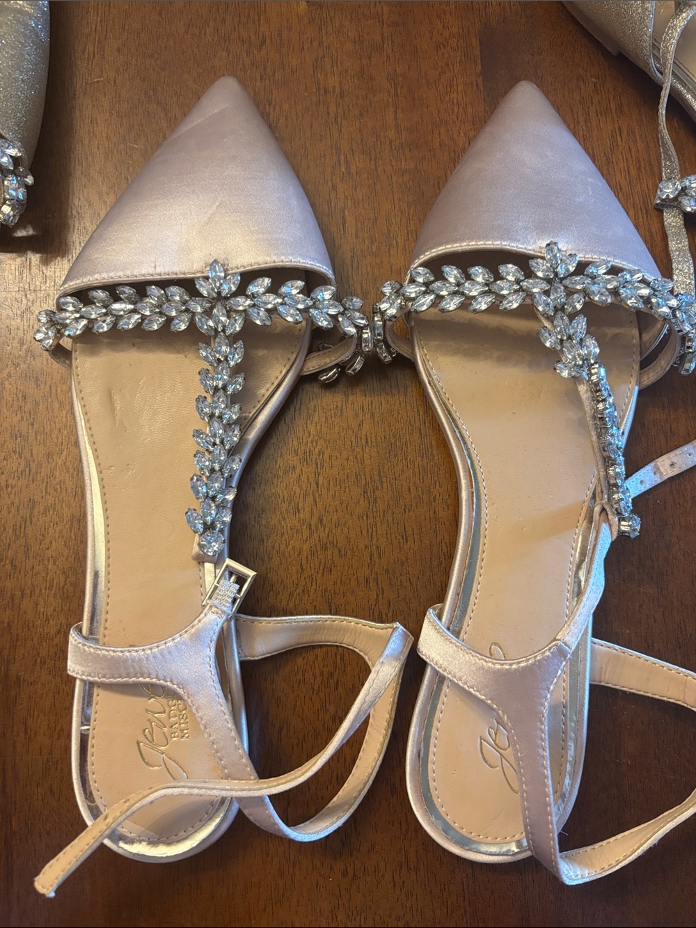Jewel Badgley Mischka Blush Satin Pointed-Toe Flats with Crystal T-Strap